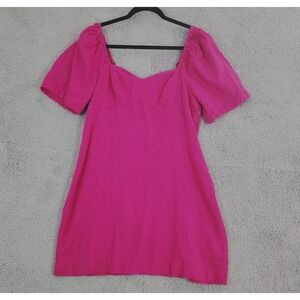 A New Day Sheath Dress Sz M Linen Blend Hot Pink Puff Sleeve Sweetheart Neckline